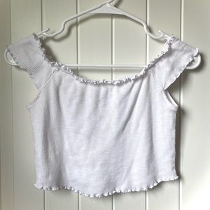 Me To We — Off the shoulder tank with scalloped trim and flower details